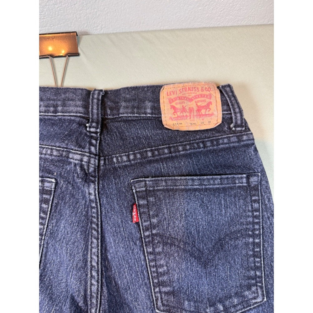 Levis Jeans Mens 28 x 28 Blue Dark Wash Boot Cut Slim Fit 16 Regular - Picture 5 of 5